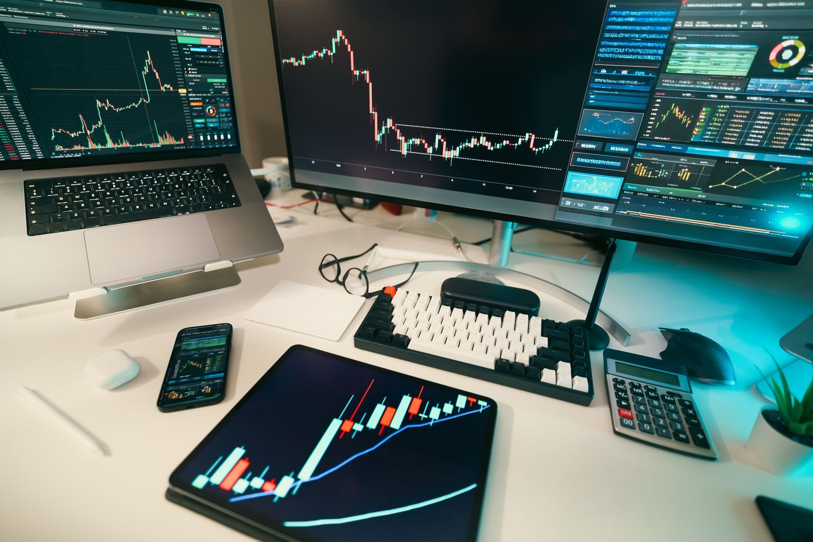 Scrivania di trading con diversi schermi e grafici valutari