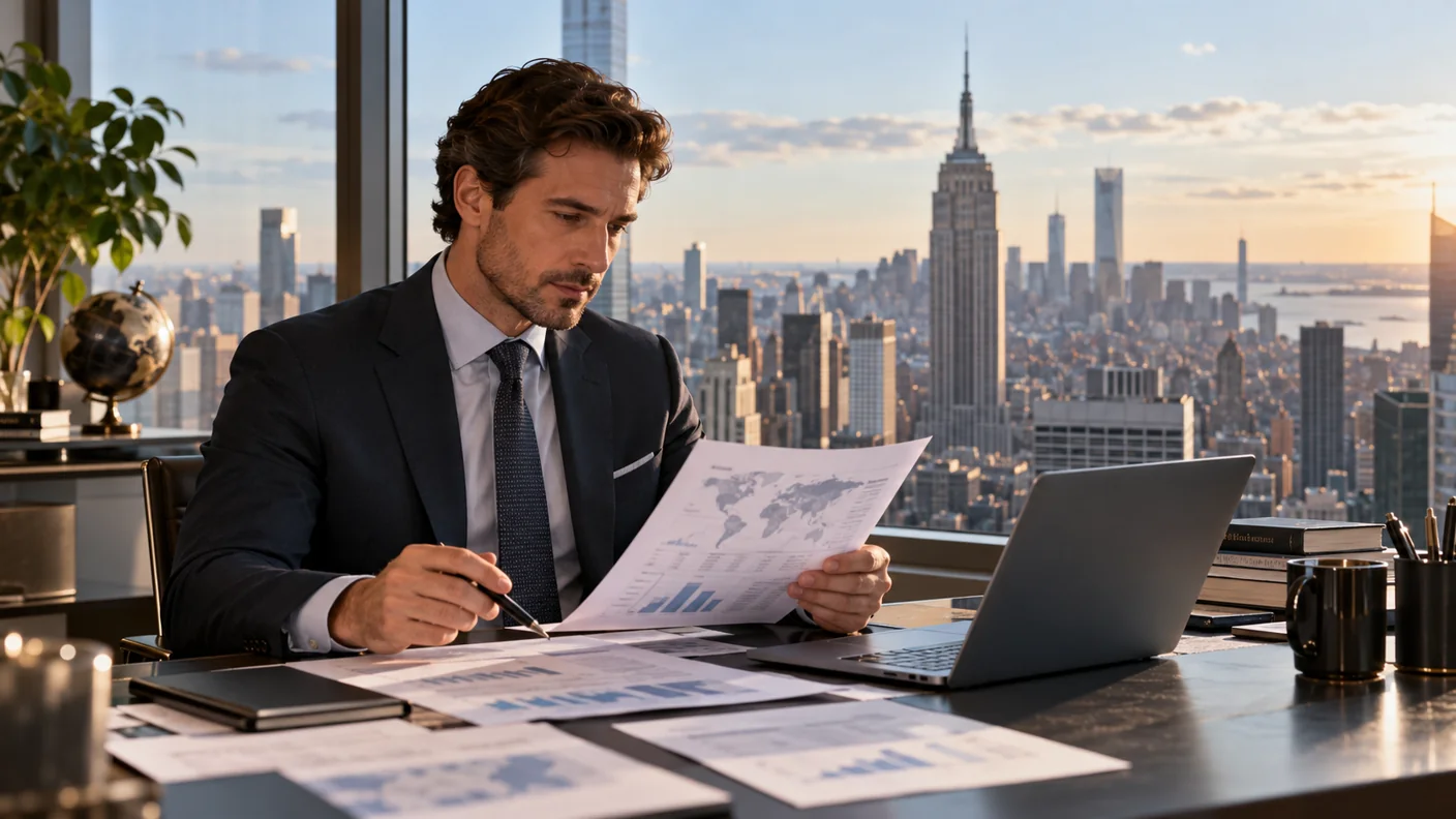 Analista che studia investimenti internazionali in un ufficio con vista su Manhattan
