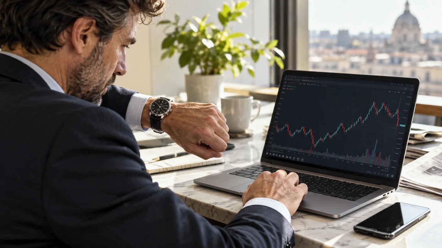 Investitore che confronta il computer con l’orologio prima di un ordine