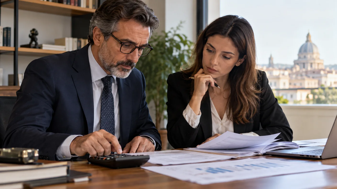 Investitore e professionista che esaminano documenti di sottoscrizione con una calcolatrice