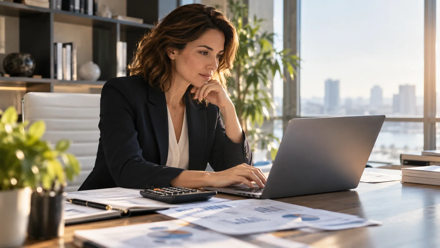 Professionista che esamina i tassi di interesse al computer con una calcolatrice