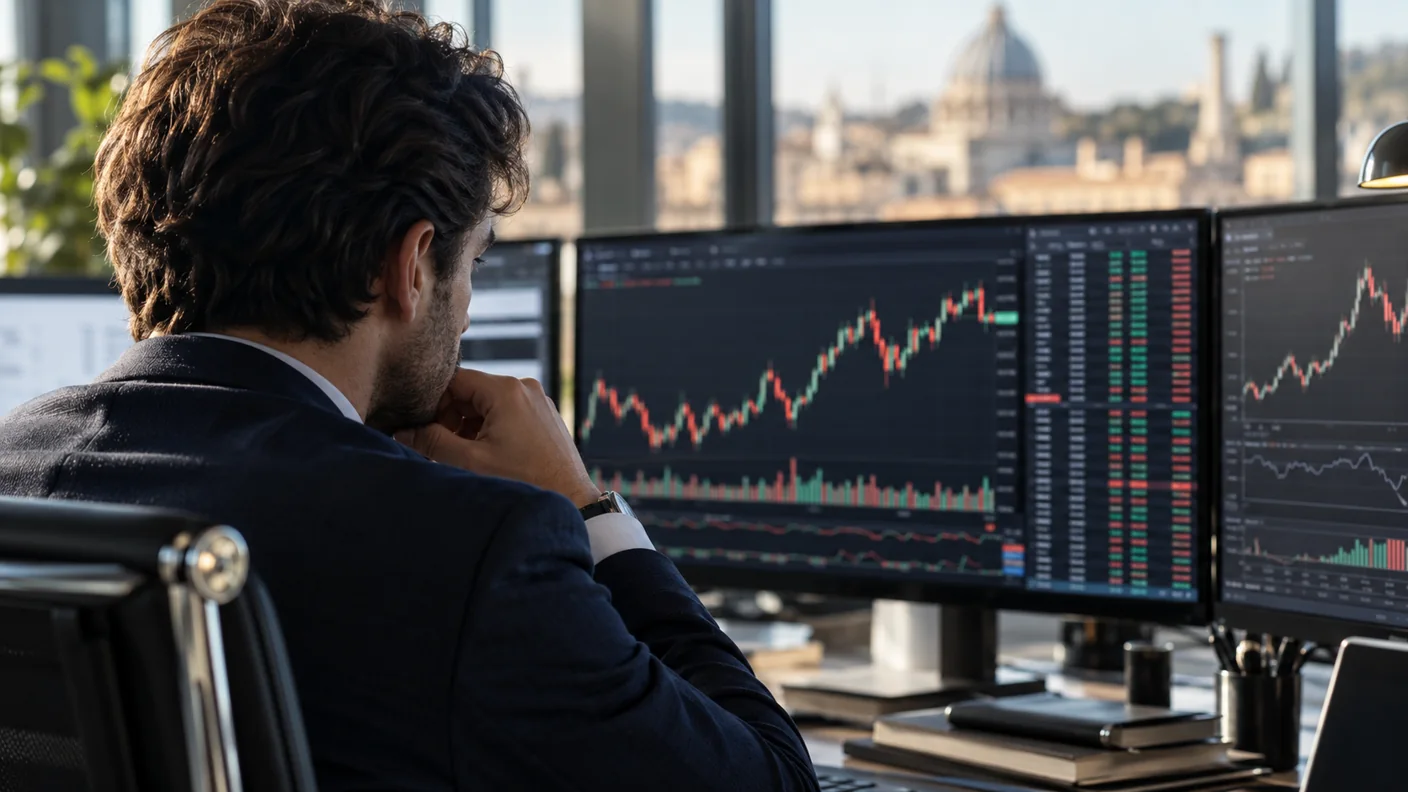 Operatore che controlla i prezzi su un terminale finanziario in ufficio