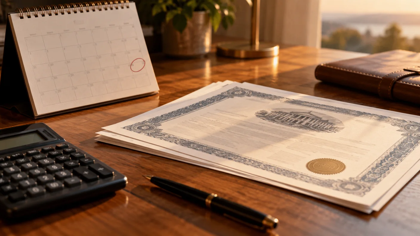 Calendario, calcolatrice e documenti di investimento su un tavolo in legno