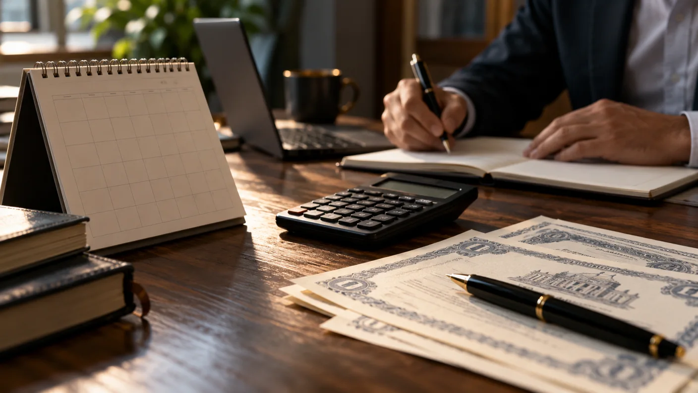 Calendario cartaceo e calcolatrice accanto a documenti obbligazionari su una scrivania