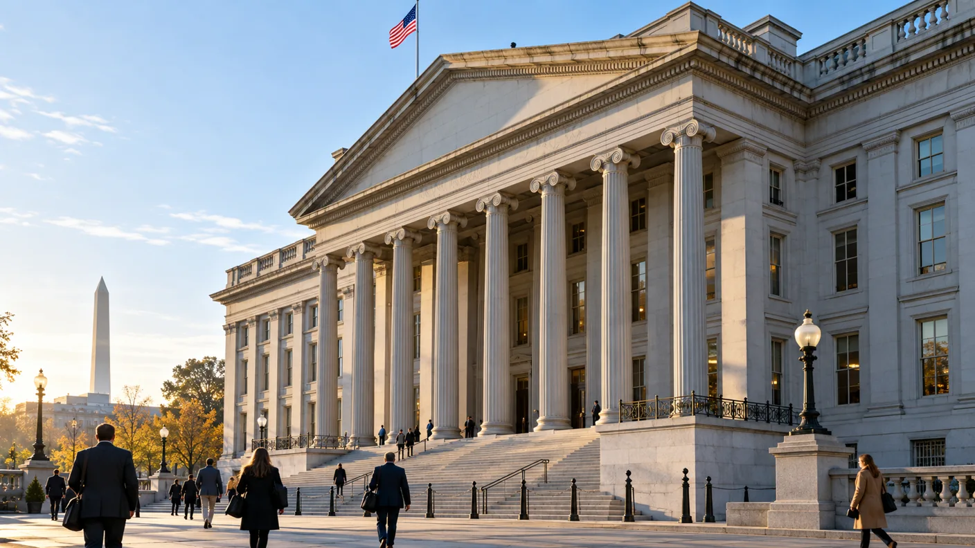 Edificio neoclassico del Tesoro statunitense a Washington nella luce del mattino
