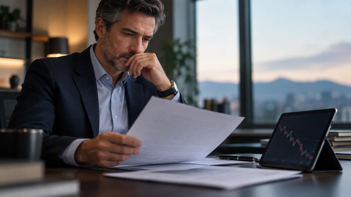 Investitore esamina documenti di un prodotto legato alle azioni accanto a un tablet