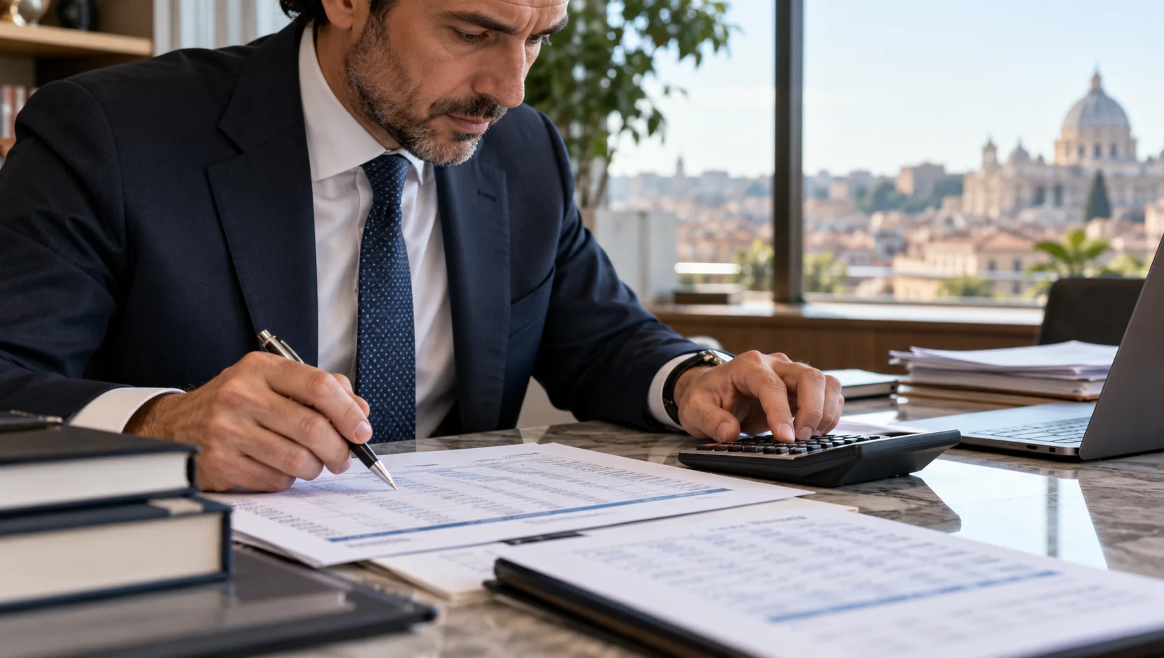 Analista controlla un calcolo di rimborso obbligazionario con documenti e calcolatrice