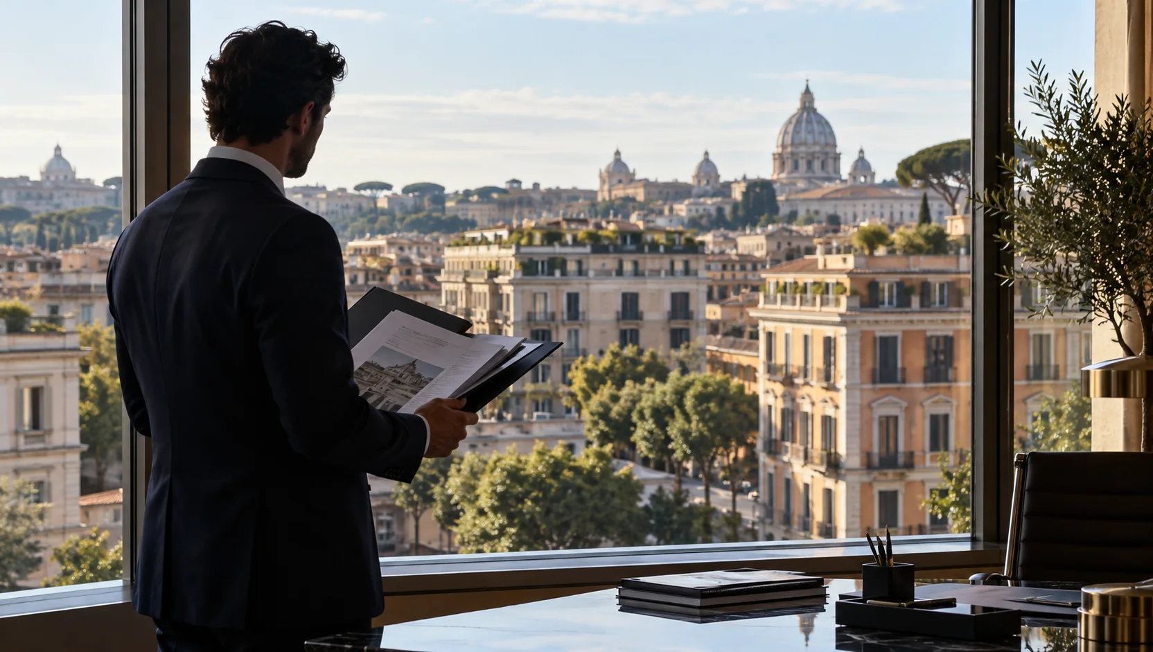 Analista con un dossier mutui davanti a edifici residenziali europei