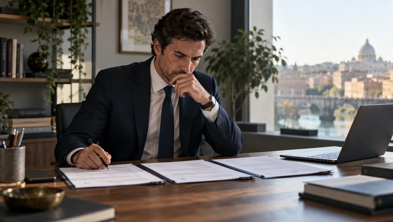 Professionista del rischio confronta più contratti di finanziamento su una scrivania