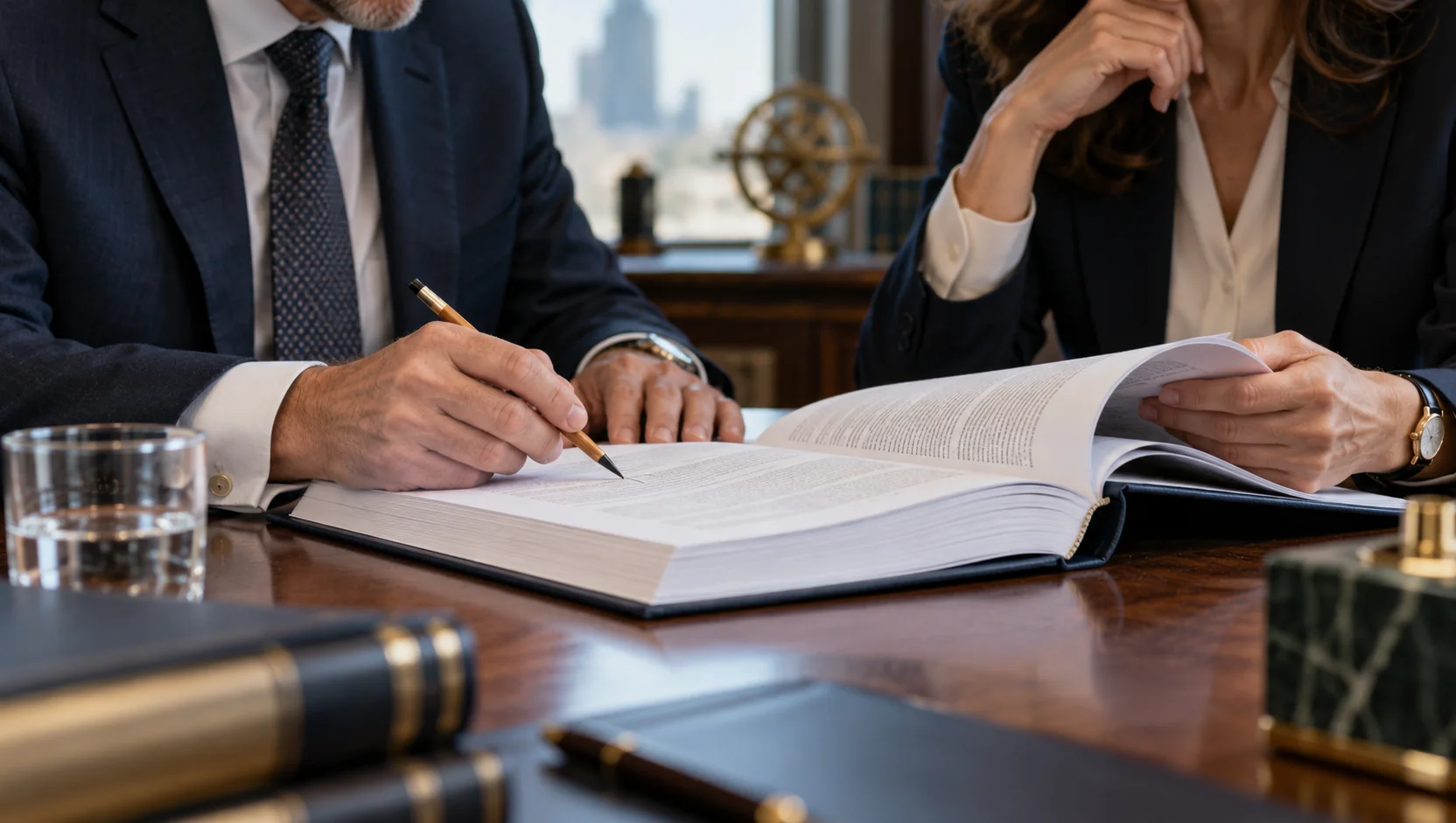 Due professionisti leggono una clausola di un contratto obbligazionario al tavolo