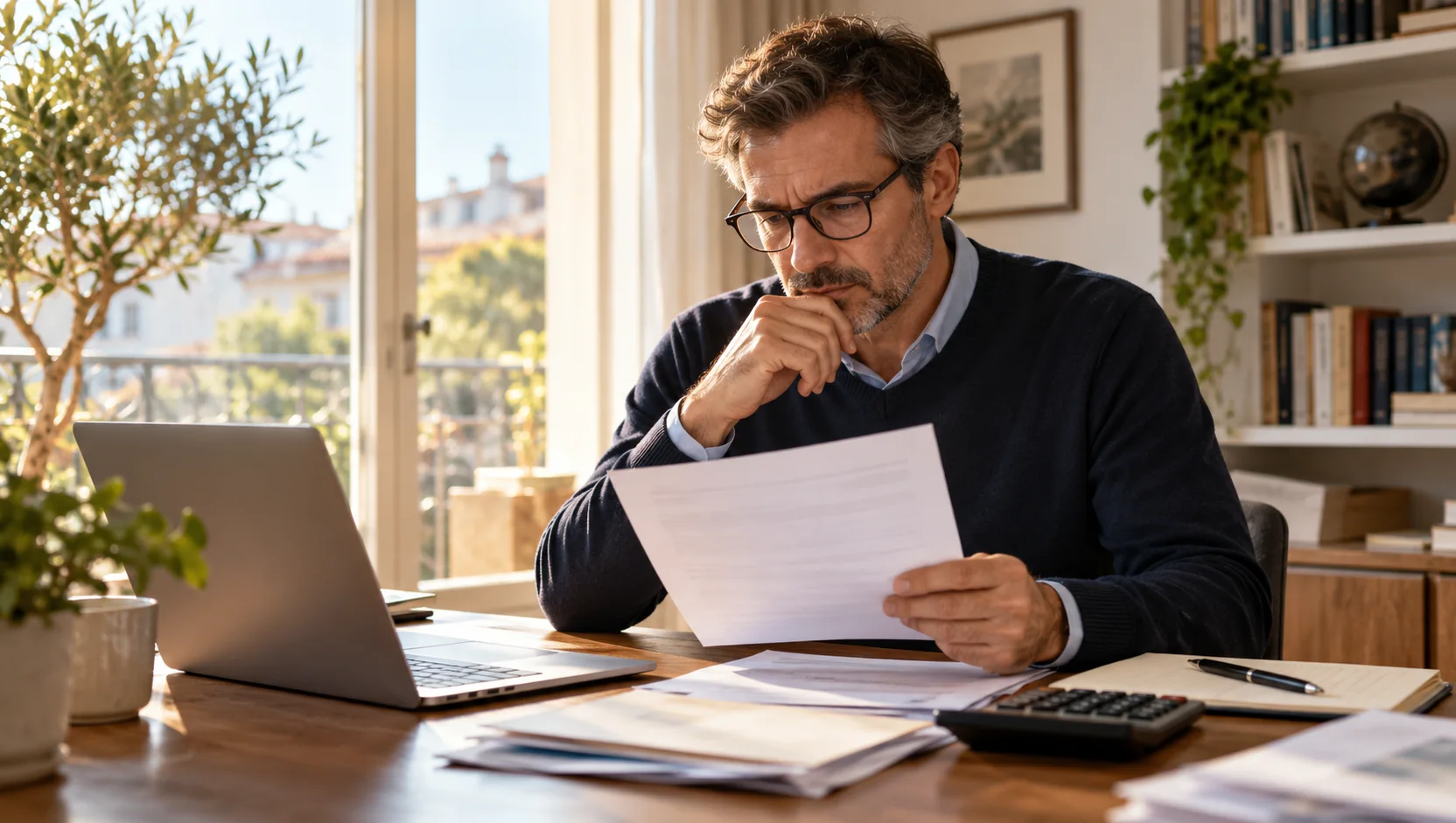 Investitore esamina un avviso di operazione societaria con portatile e calcolatrice