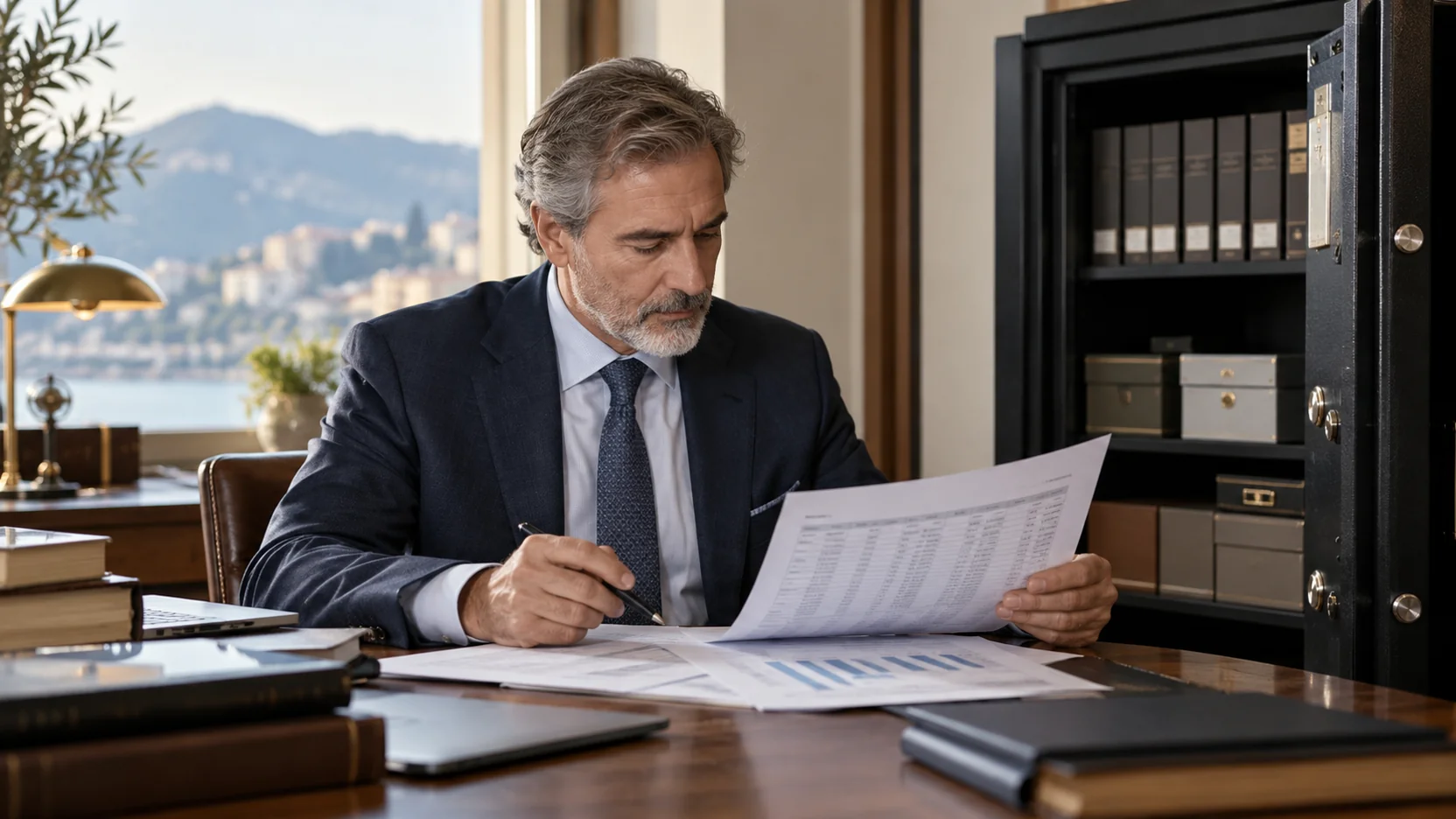 Amministratore fiduciario controlla un calendario di flussi obbligazionari vicino a un archivio
