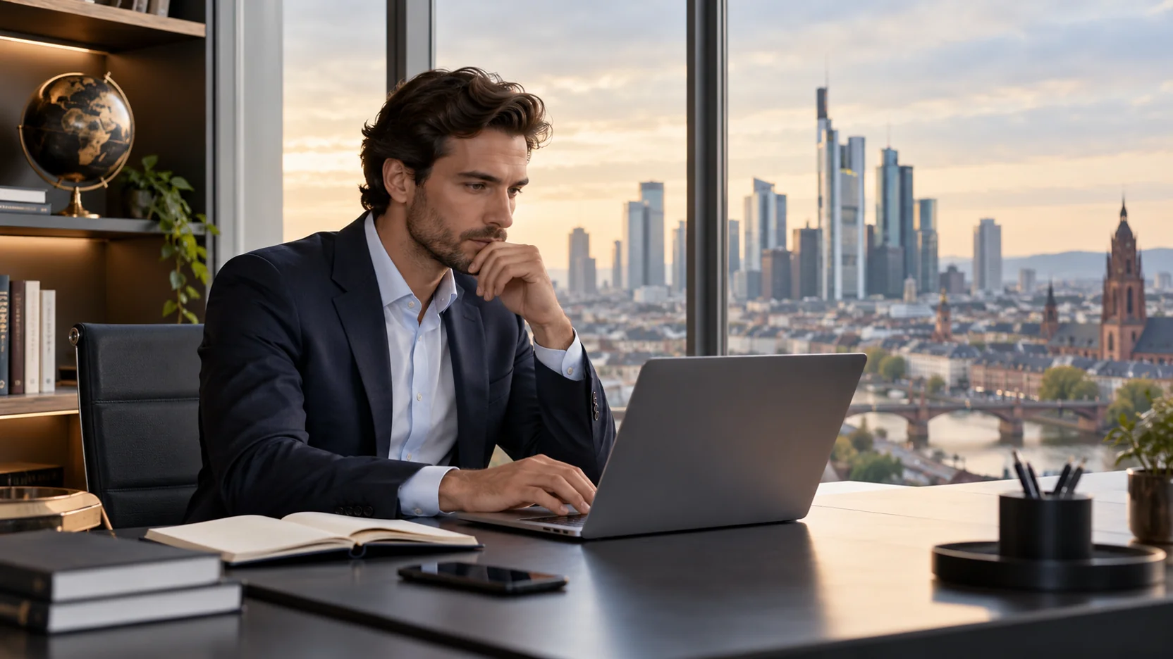 Investitore consulta un computer in un ufficio affacciato su un distretto finanziario europeo