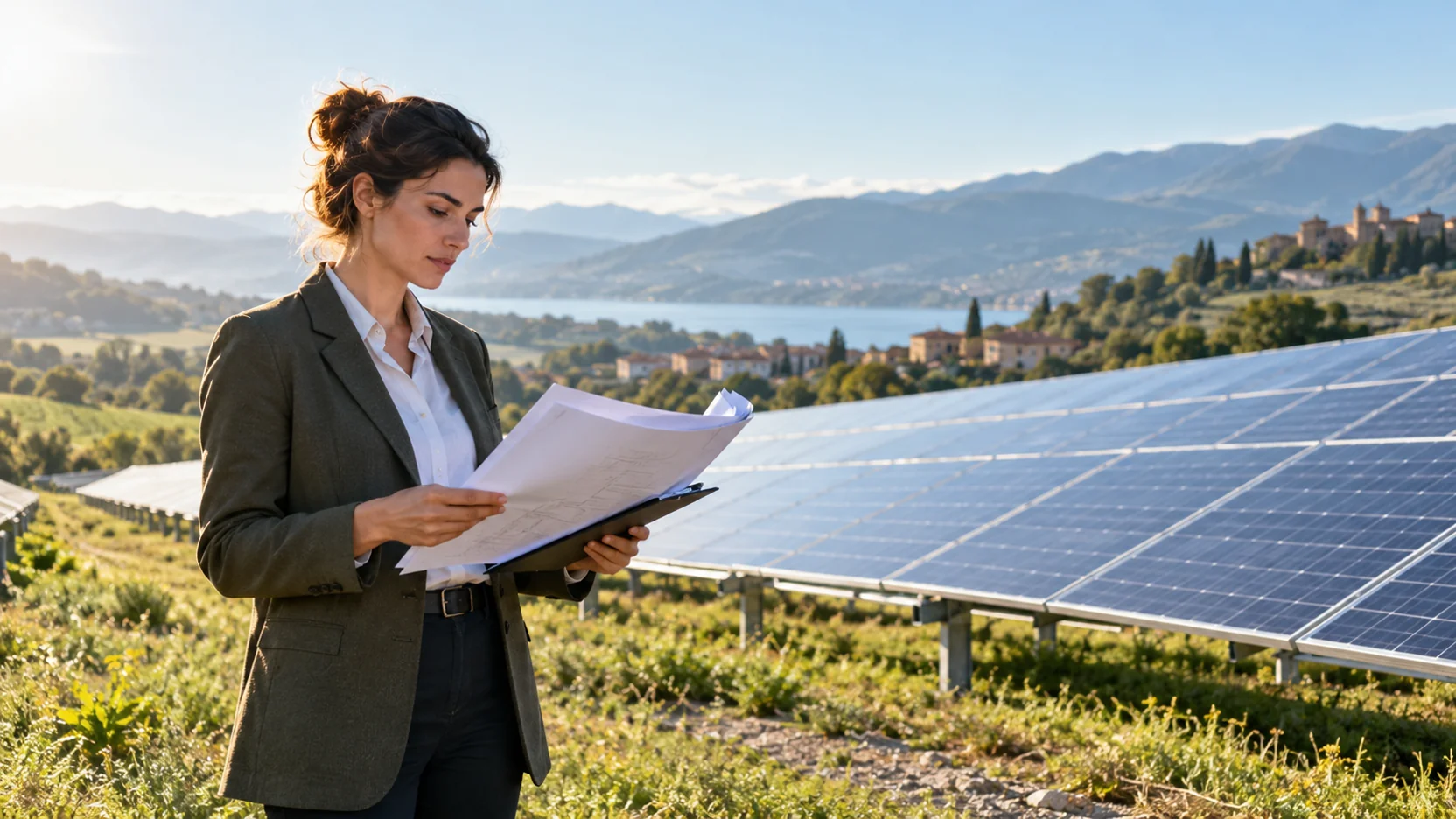 Ingegnere ambientale esamina documenti finanziari vicino a un impianto fotovoltaico