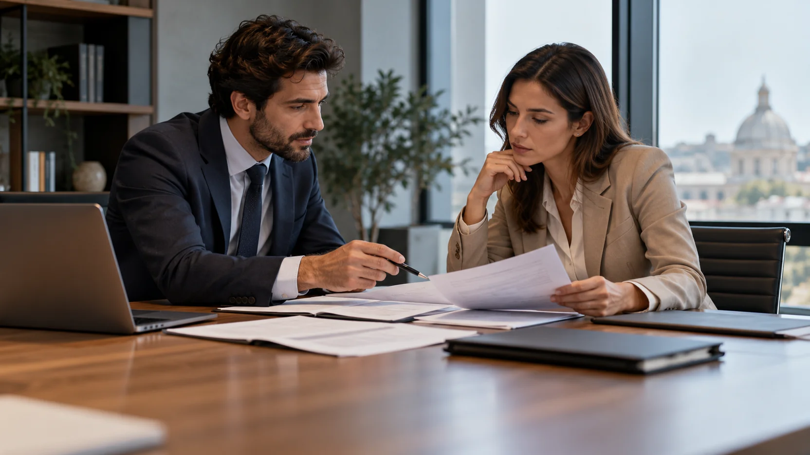 Analisti finanziari esaminano documenti legali seduti ai due lati di un tavolo