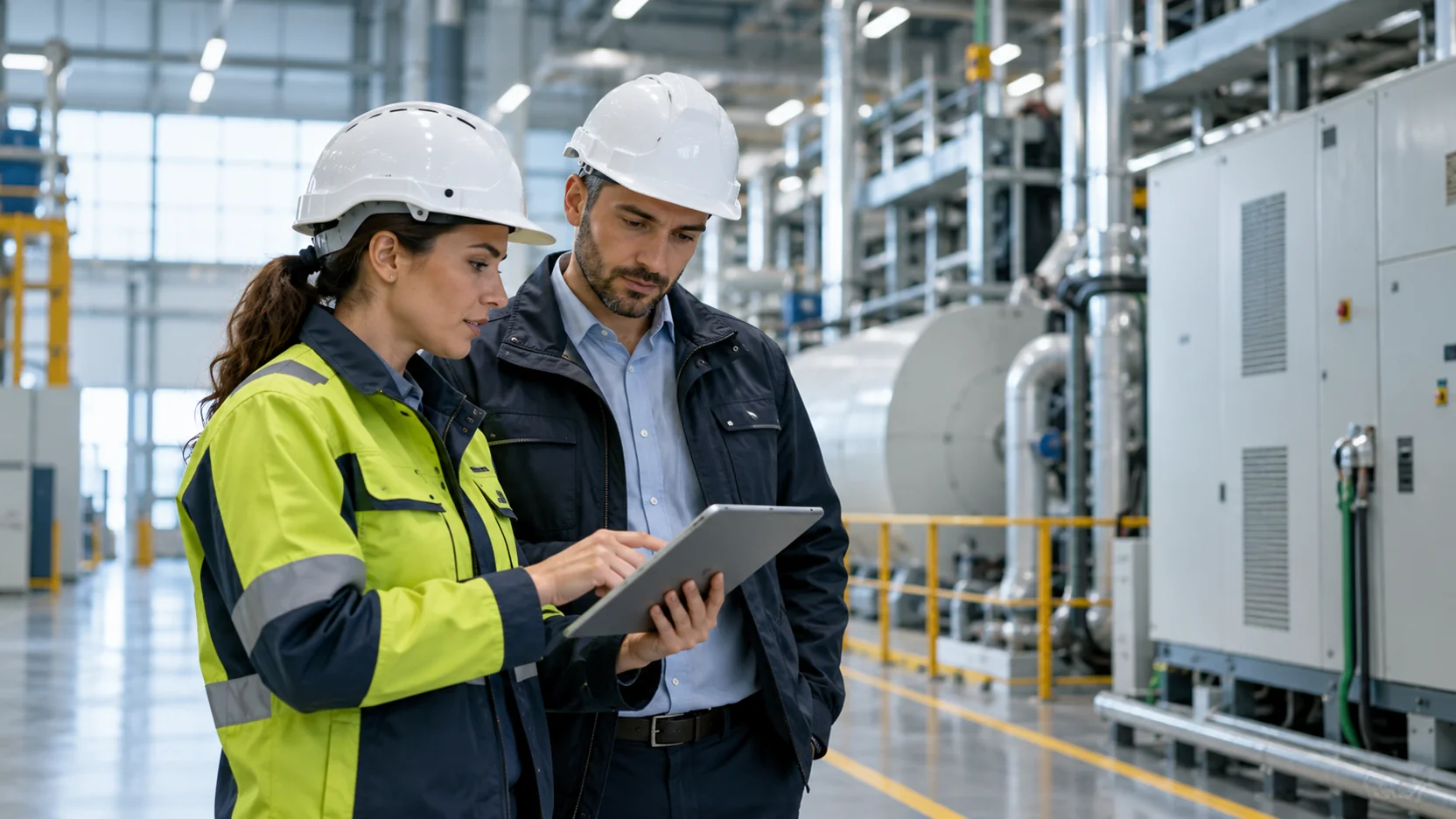 Analista della sostenibilità e ingegnere controllano un tablet in uno stabilimento industriale