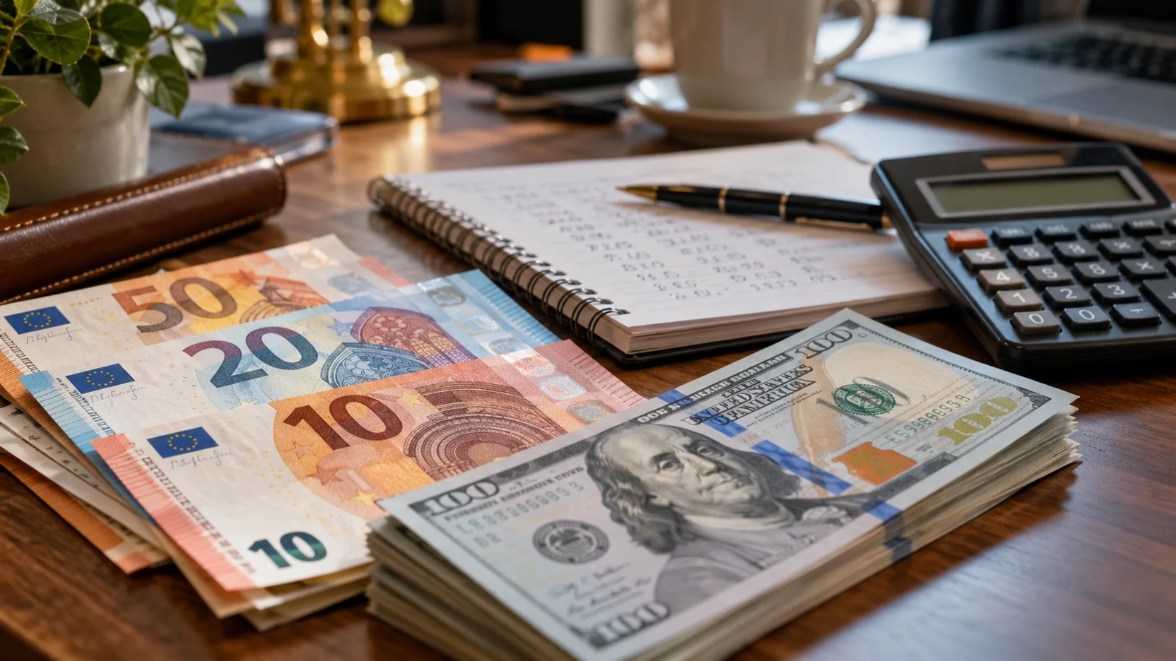 Banconote in euro e dollari accanto a una calcolatrice e a un quaderno di calcoli