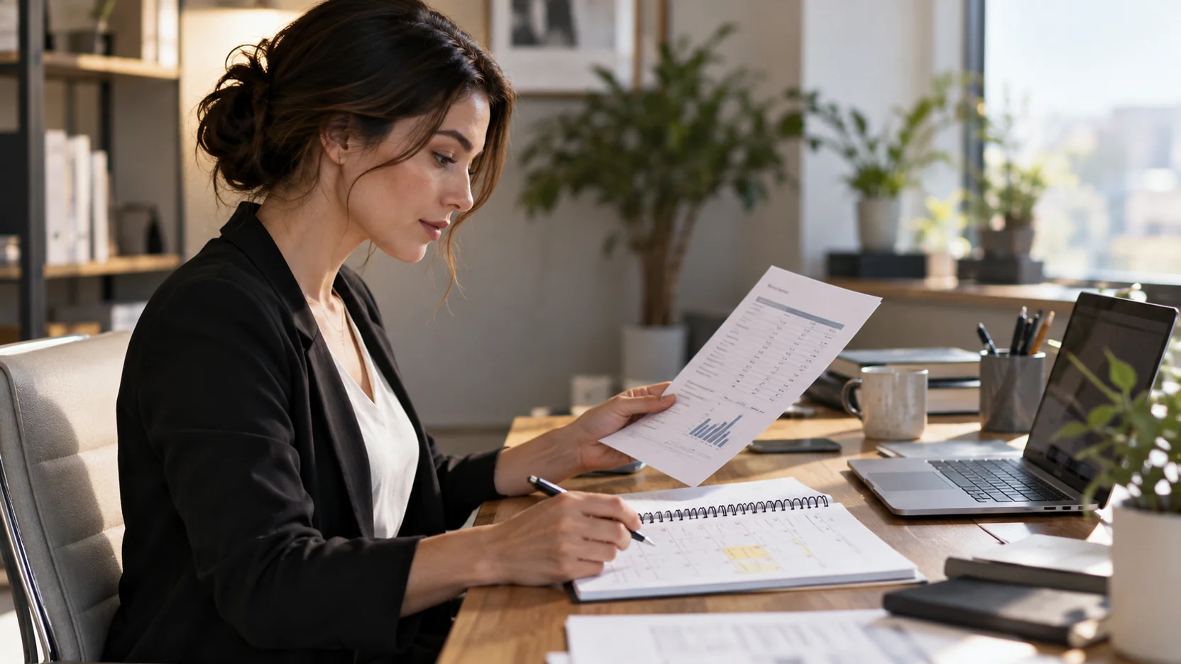 Specialista delle operazioni finanziarie controlla un rendiconto di regolamento e un calendario