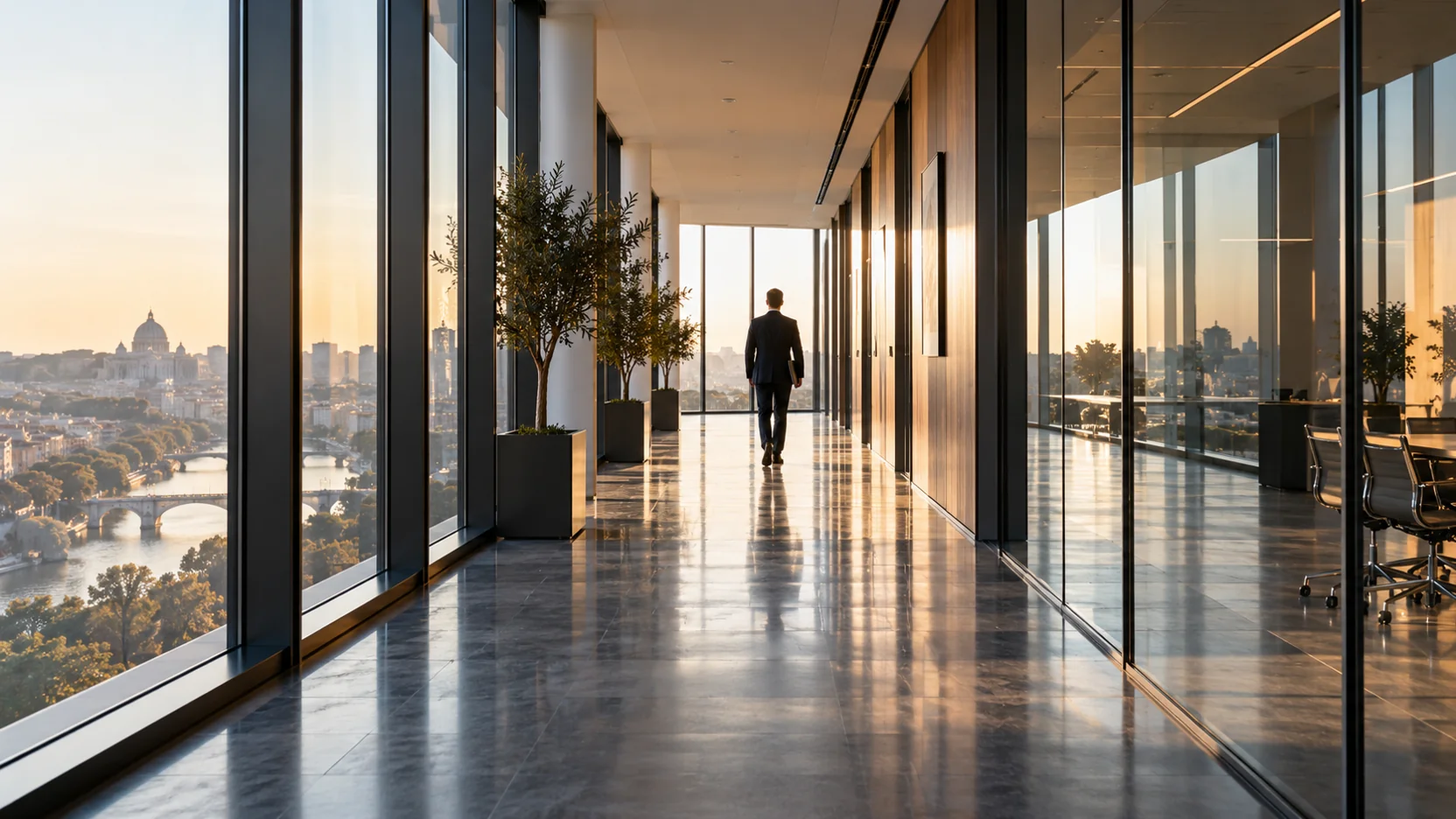 Lungo corridoio di un edificio aziendale con un professionista che porta un fascicolo