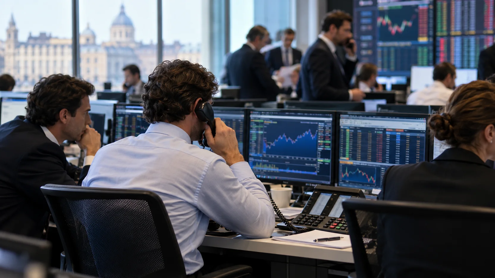 Operatori finanziari lavorano in una sala istituzionale dedicata al mercato obbligazionario