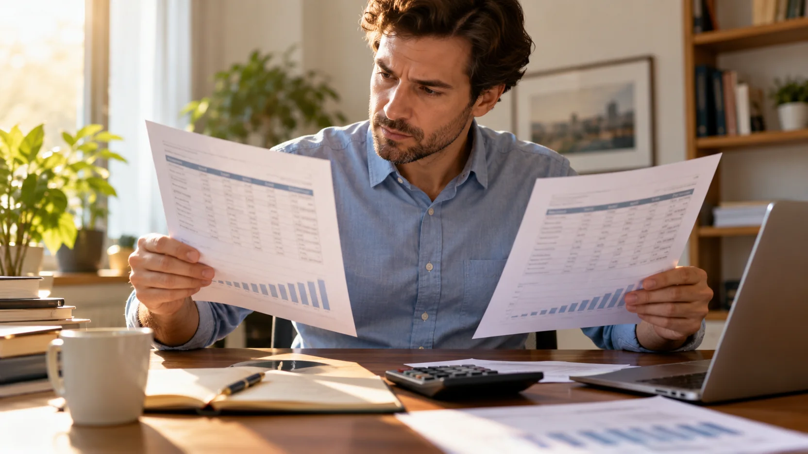 Investitore confronta calendari di rimborso obbligazionario con una calcolatrice
