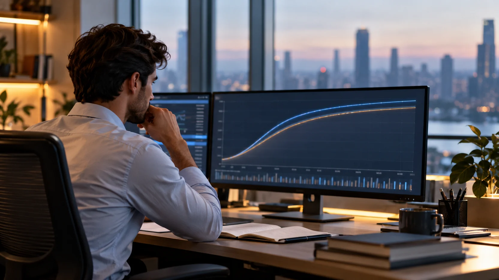 Analista quantitativo consulta una curva dei tassi su uno schermo in un ufficio di ricerca