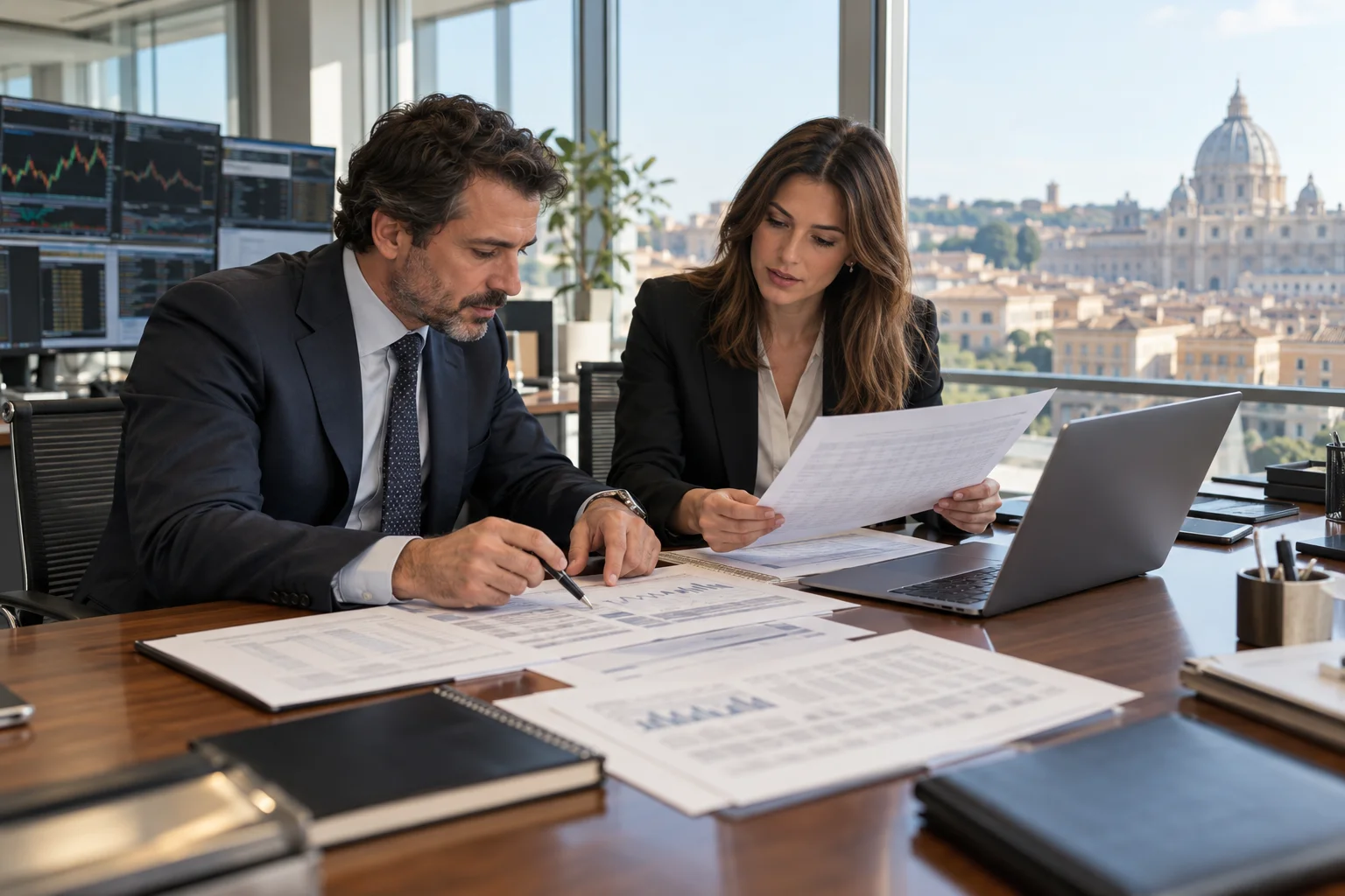 Due analisti confrontano documenti relativi a obbligazioni e swap in un ufficio finanziario