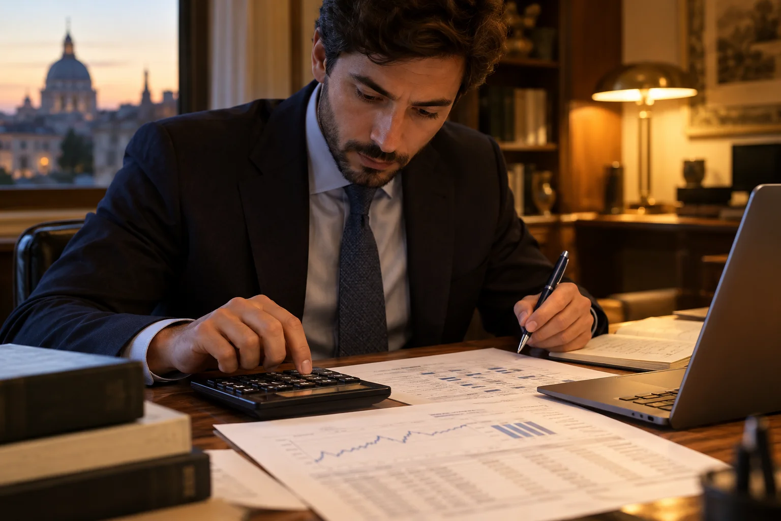 Analista usa una calcolatrice accanto a un foglio di valutazione di un titolo a tasso variabile