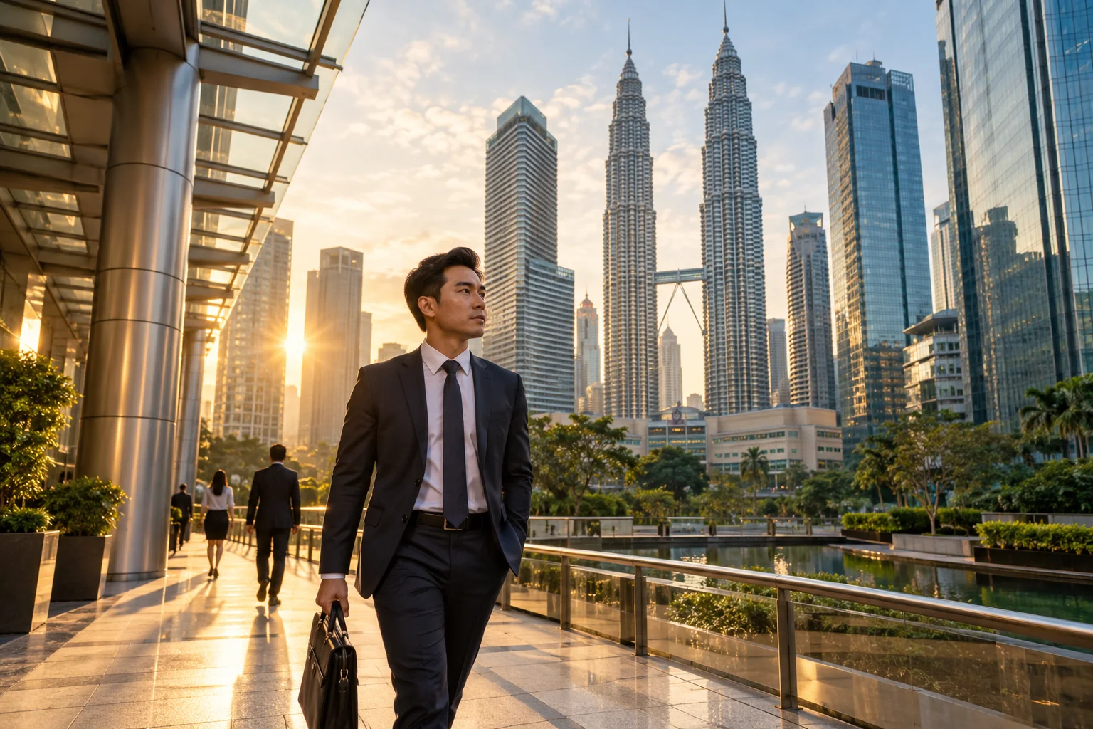 Professionista attraversa la piazza di un moderno distretto finanziario a Kuala Lumpur
