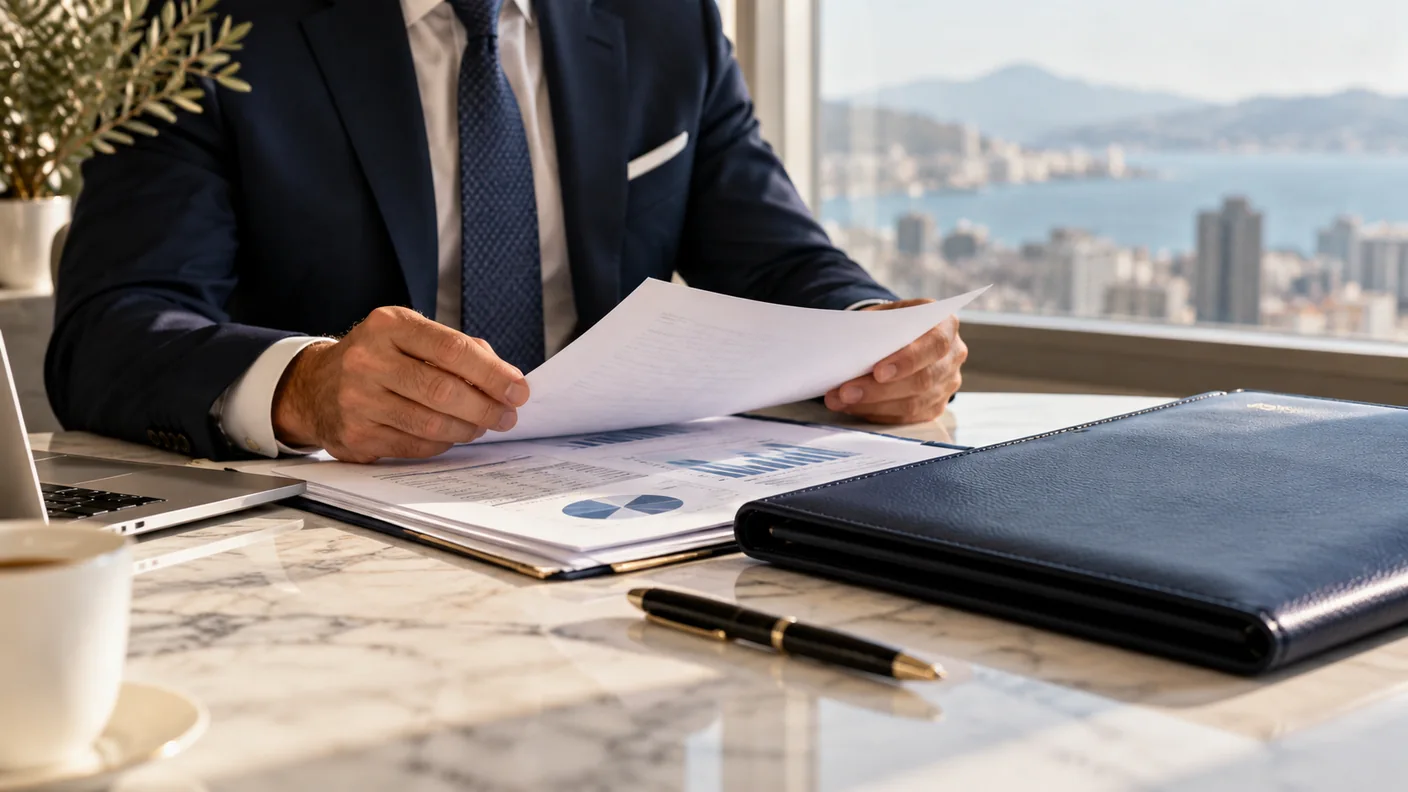 Professionista che esamina documenti di un fondo in ufficio