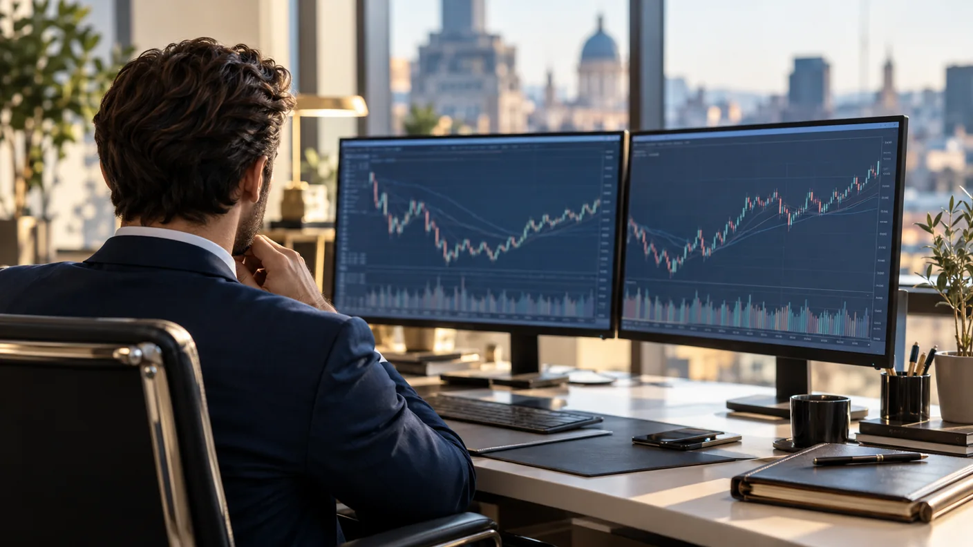Operatore finanziario davanti a due monitor