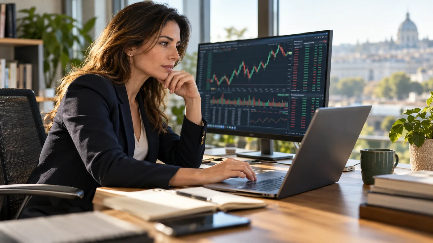 Analista finanziaria che verifica un ordine davanti a computer e monitor in ufficio