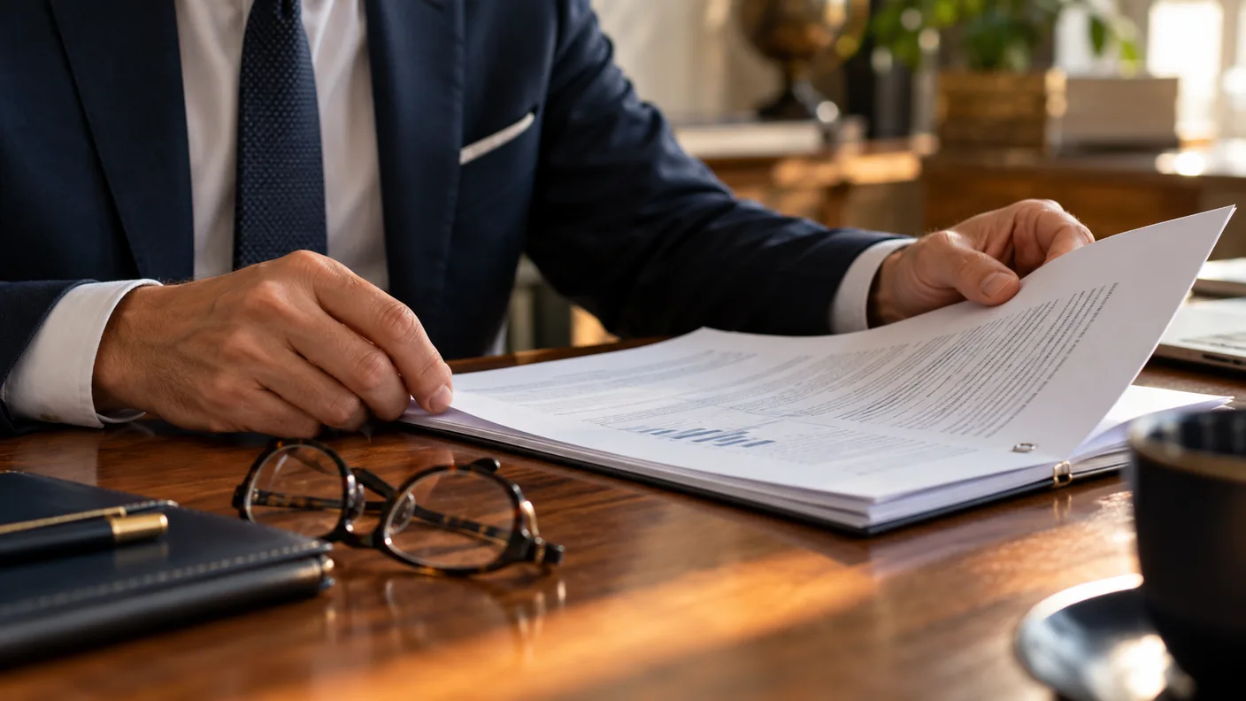 Mani che leggono un documento di investimento con occhiali sul tavolo