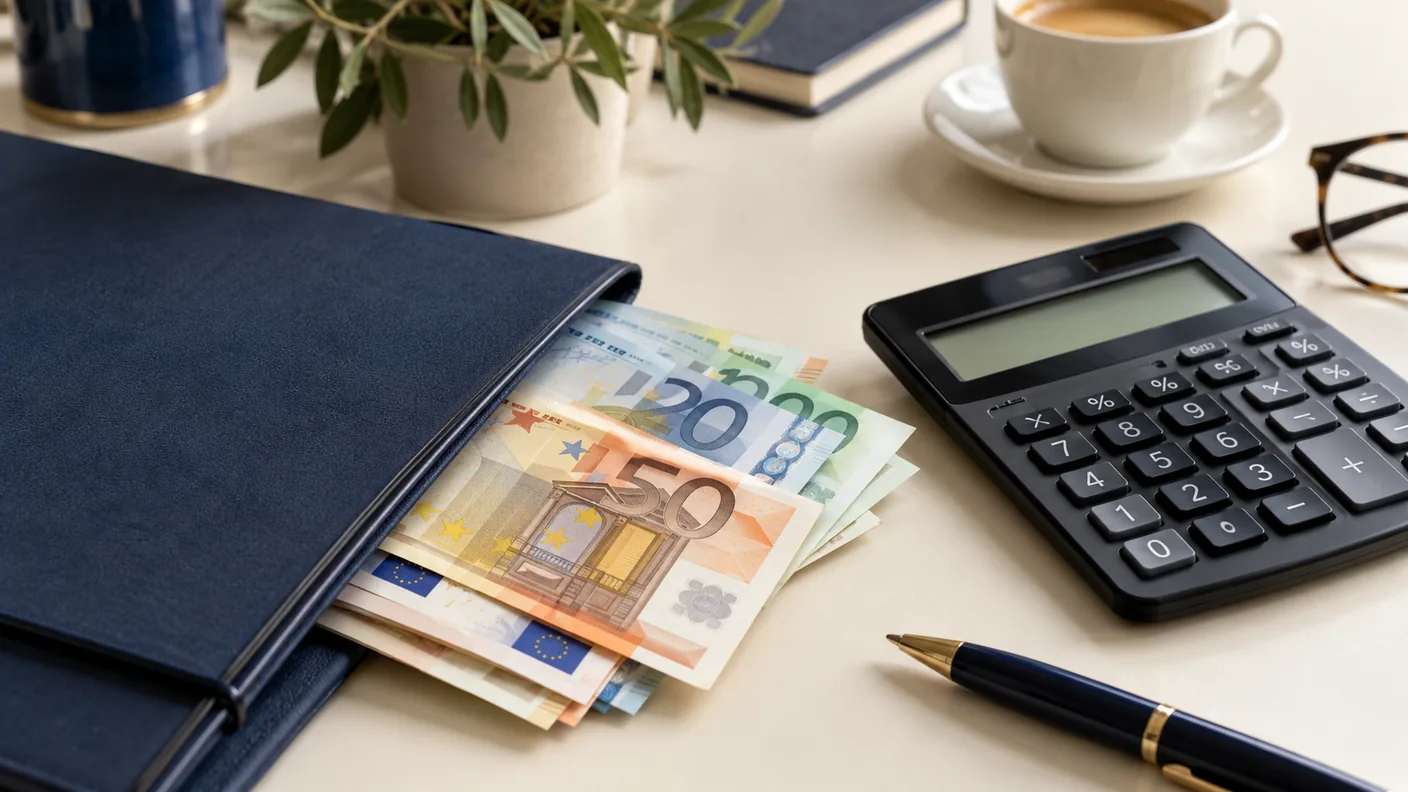 Banconote in euro con documenti e calcolatrice