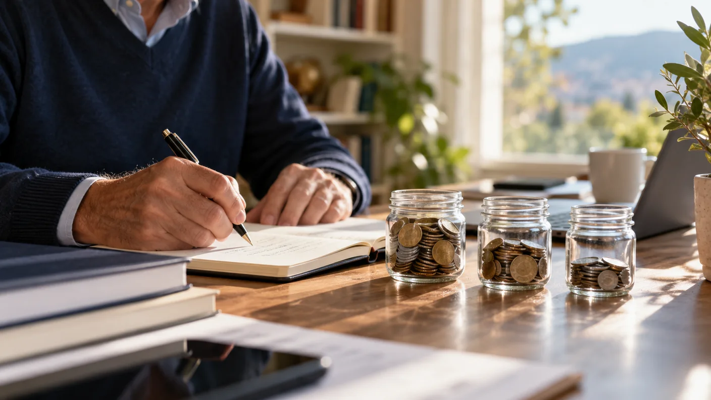 Persona che pianifica le finanze accanto a contenitori di monete