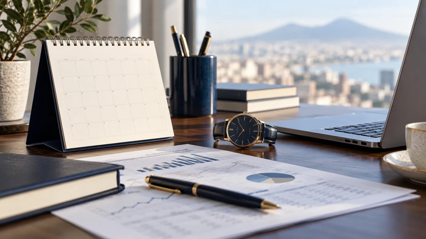 Calendario, orologio e documenti su una scrivania